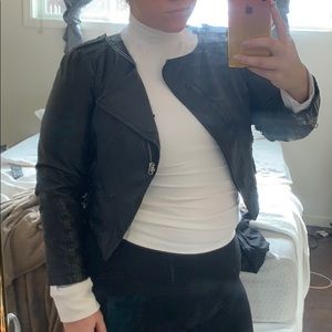 Black leather asymmetrical cropped jacket